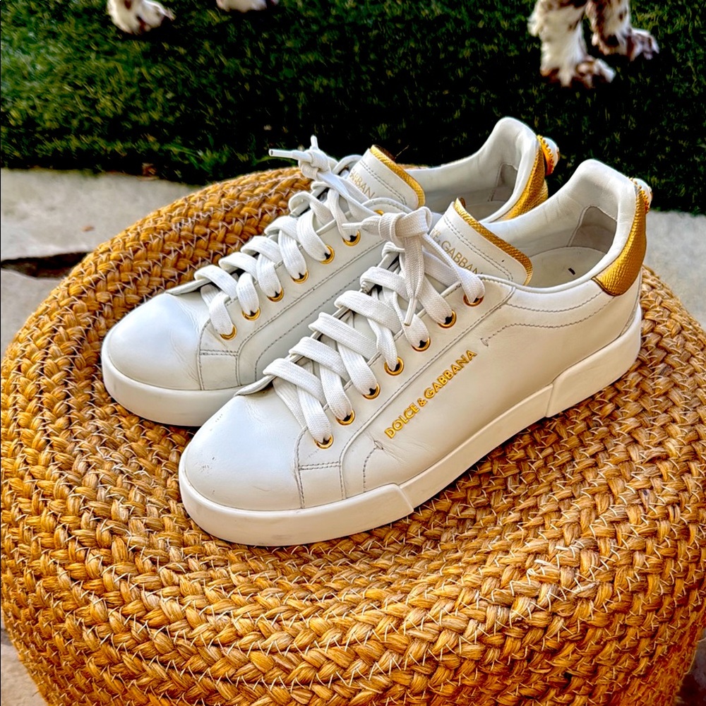 Dolce & Gabbana White Leather Sneakers with Gold Accents - Women